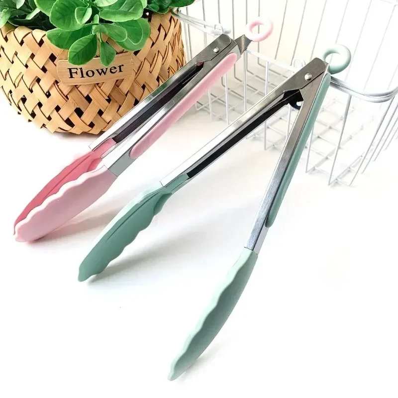 Silicone Kitchen Food Tong Stainless Steel Non-slip Grill BBQ Tongs Meat Camping Barbecue Frying Food Clips Clamp