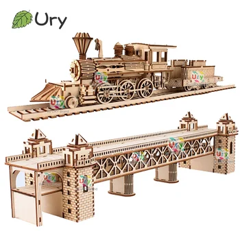 Ury 3D Wooden Puzzle Retro Steam Train with Track Railway Bridge Handmade Assembly Truck Model DIY Toys Decoration Gift for Kids 1
