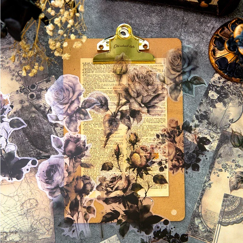 

30Pieces Material Pack Bloom Dark Paper Retro Rose Handbook Materials Notebooks Handwriting Decoration Scrapbook 175*105MM
