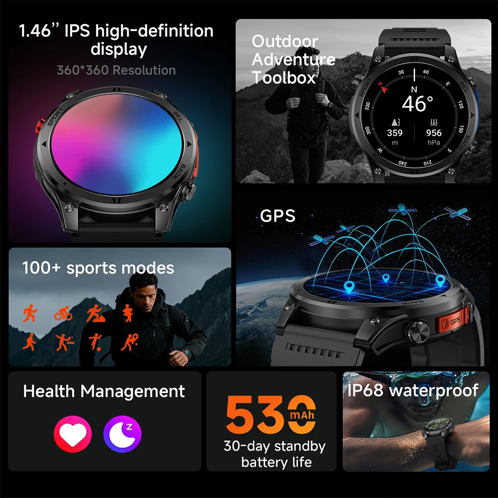 Novo Smartwatch Militar 2026 com bateria de 530mAh, GPS, resistência à água 3ATM, mais de 100 modos esportivos, Bluetooth e chamadas inteligentes._voghion.com