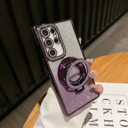 Magnetic Wireless Charging Stand with Shockproof Glitter Diamond Back Case - Samsung S22Ultra (PURPLE)