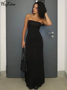 Hugcitar Black Strapless Long Sleeve Sexy Bodycon Maxi Prom Dress 2024 Fall Winter Elegant Women Outfit Evening Party Festival 1