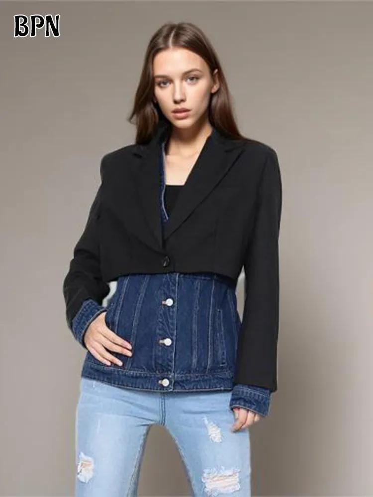 

BPN Vintage Patchwork Denim Blazers For Women Notched Collar Long Sleeve Hit Color Casual Spliced Pockets Blazer Female Clothing