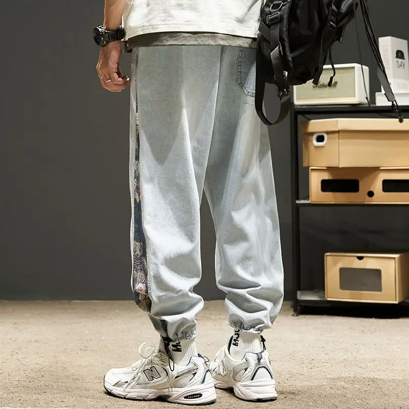 2023 New Spring and Summer Handsome Fashion Brand Thin High Waist Printed Casual Loose Oversized Washed Old Skinny Jeans for Men