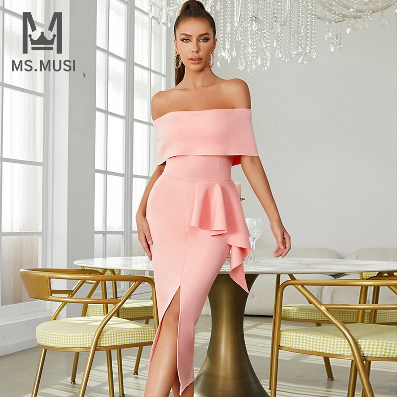 

MSMUSI 2023 New Fashion Women Sexy Off The Shoulder Draped Fold Short Sleeve Bodycon Party Club Slit Event Midi Dress Vestidos