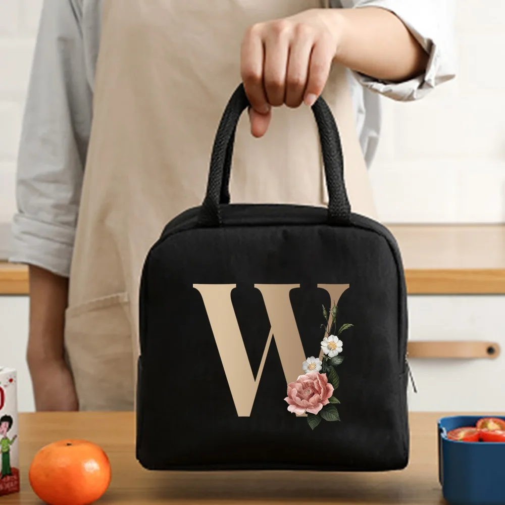 Lunch Bag Cooler Tote Portable Insulated Thermal Canvas Bag Food Picnic Unisex Travel  Lunchbox Organizer Bags Gold Letter Print
