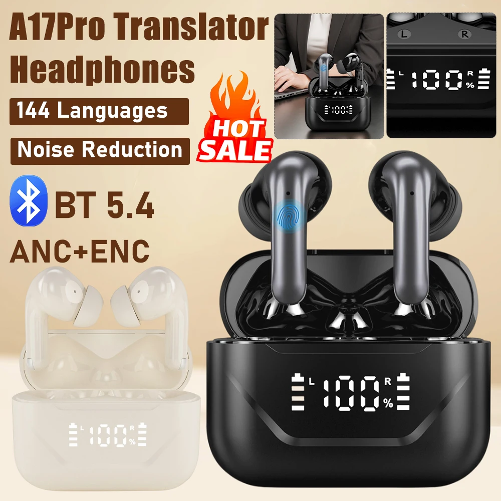 A17Pro Intelligent Translator Earbuds Language Translation Earphones ANC ENC Noise Cancelling Bluetooth Headphones Office Travel