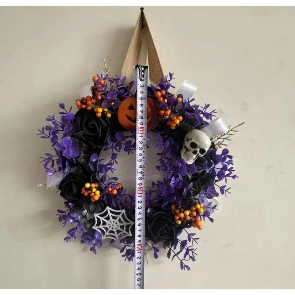 Halloween Themed Party Wall Home Decor Black Purple Artificial Flower Wreath Front Door Indoor Outdoor Hanging Holiday Accessory