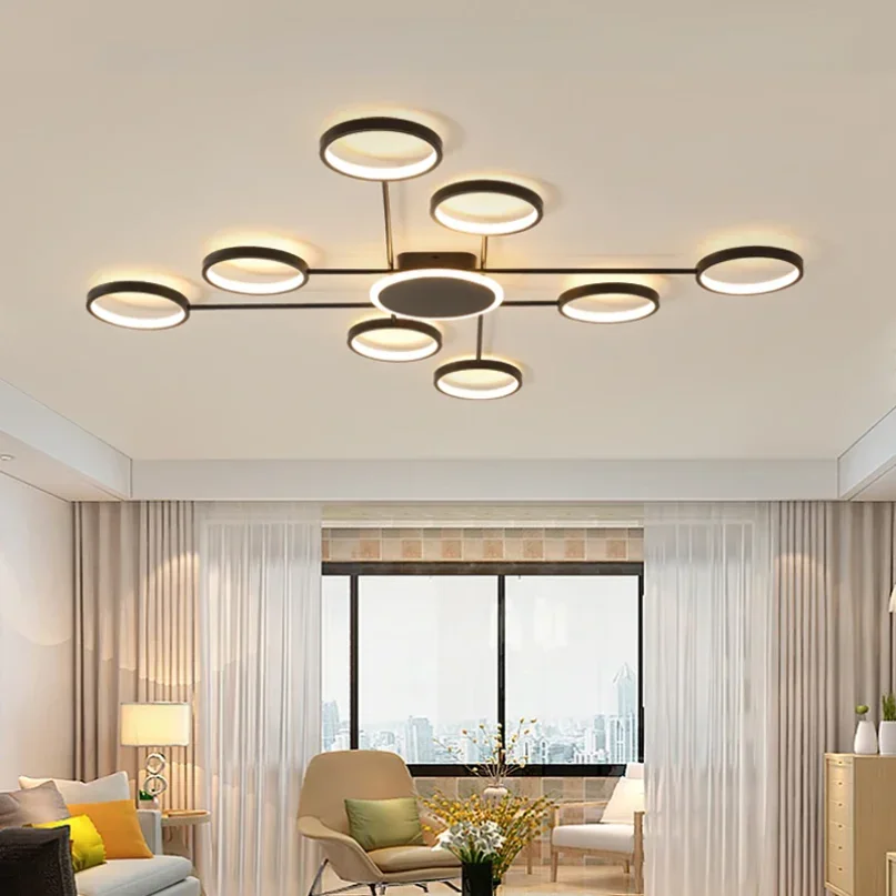 Modern LED Ceiling Chandelier for Living Room Bedroom Black Circles Ceiling Light with Remote Control Interior Lighting Fixtures