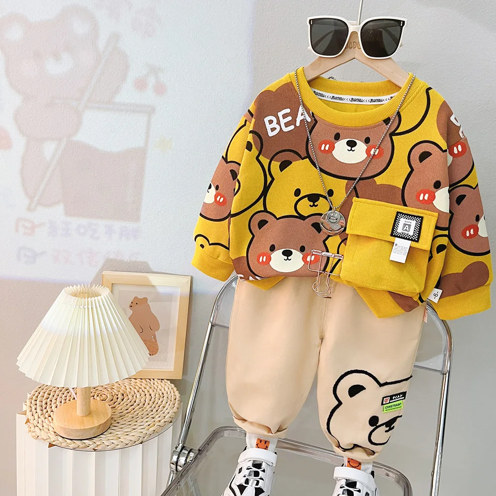 2024 Spring New Baby Boys Clothing Sets Cartoon Bear Long Sleeve Round Neck Sweatshirt + Sweat Pants Children's Casual Clothes