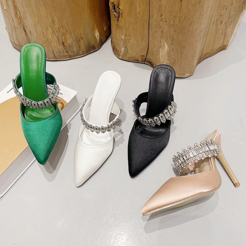 Summer Pointed Silk Rhinestone Strap Women's Sandals Slippers Hollow Slip On Slides Solid Color Fashion Sexy Dress Shoes Pumps