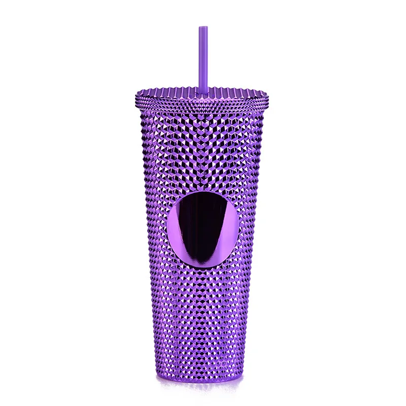 24Oz Matte Glow Inlaid Cup Plastic Coffee Cups With Straw Lids Double Wall Gradient Durian Cup Large Capacity Drinking Cup