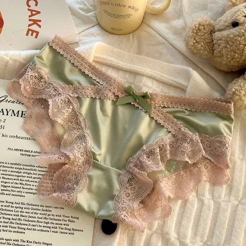 Satin Panelled Lace Briefs Sexy Women's Underwear Low-rise Panties Soft Briefs Comfortable Lingerie Трусы Женские - Image 3