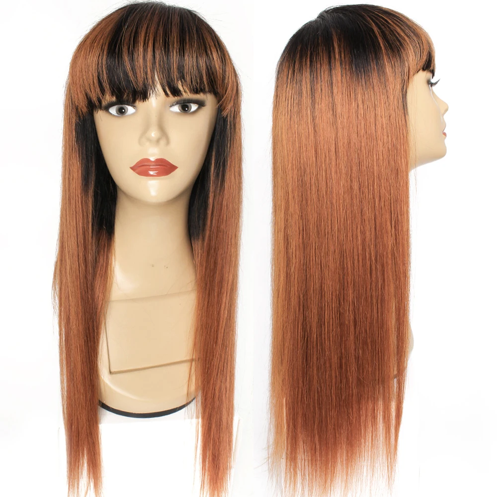 30 Human Hair Wigs with Bang Ombre Ginger Brown Straight Wear go Machine Made Wig with Neat Fringe for Women Full Wig Bobbi 1B