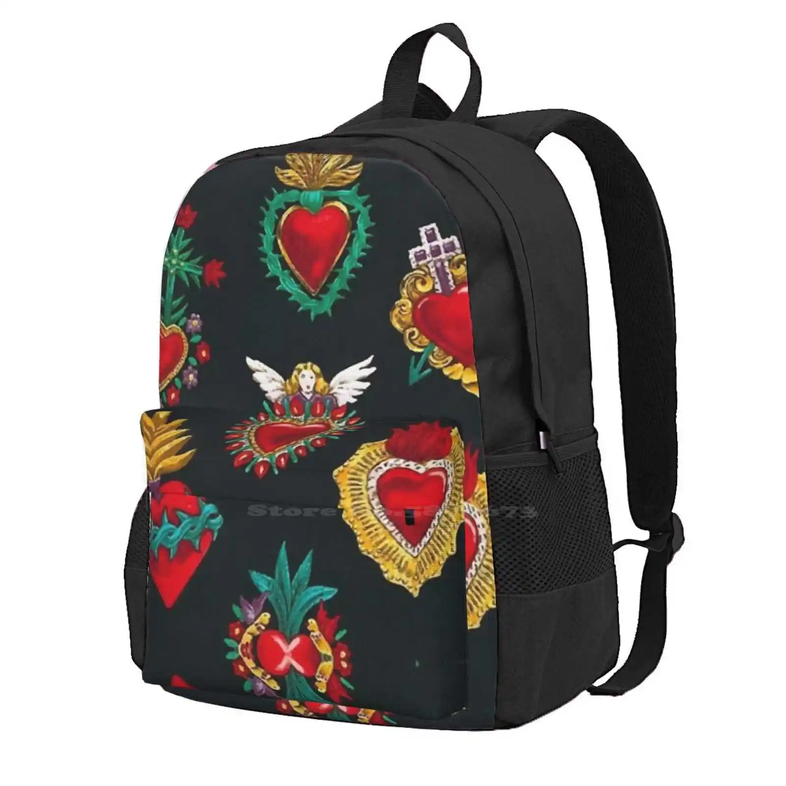 

Sacred Hearts School Bag Big Capacity Backpack Laptop 15 Inch Mexican Pattern Hearts Sacred Seamless Traditional Skull Sugar
