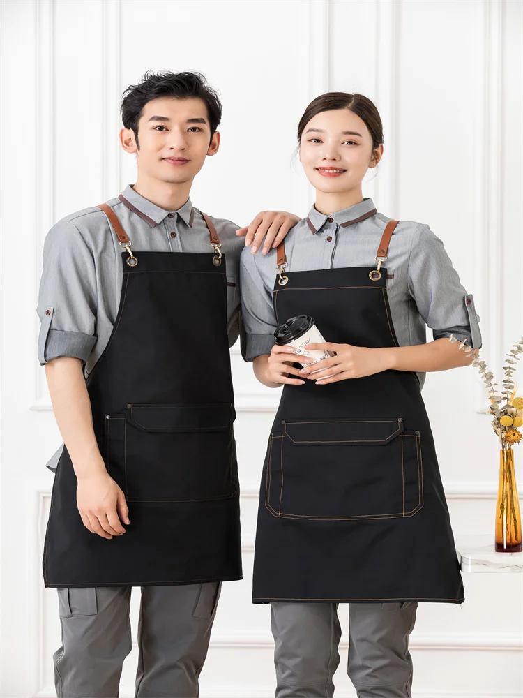 Modern Canvas Apron With Pockets Japanese Style Kitchen Restaurant Nail Salon Gown Coffee Shop Supermarket Garden Cleaning Smock
