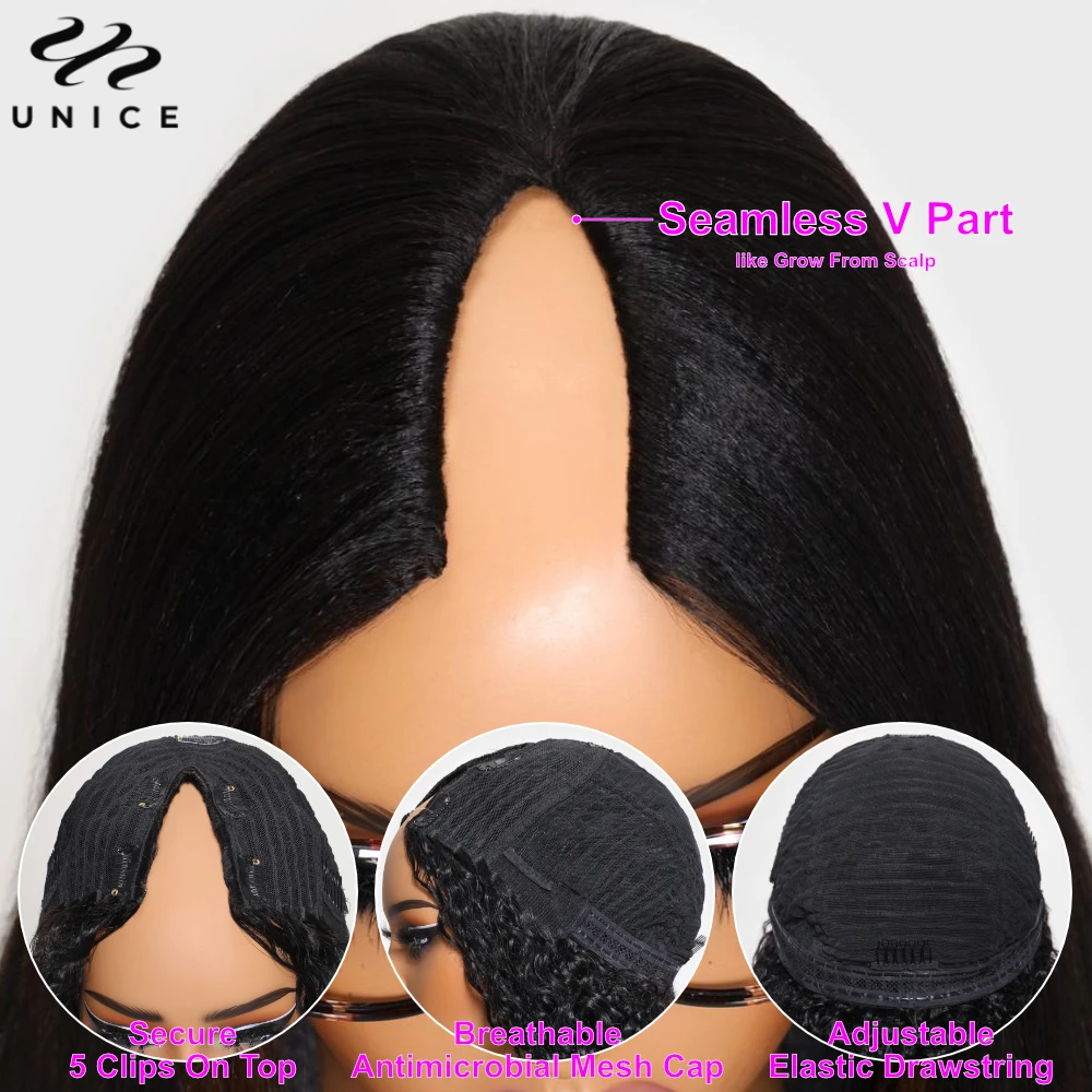 Unice Hair Yaki Straight V Part Wig Human Hair Clip-in Human Wigs Upgrade U Part Wigs Easy Blend Seamless Mini Leave Out human hair wigs