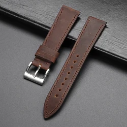 Vintage Stitching Leather Strap - Retro Brown Gray Cowhide Watch Band with Soft Quick Release Clasp - 22mm (Dark Brown)