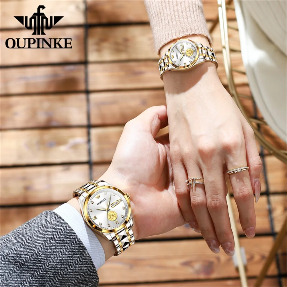 OUPINKE 3259 New Real Gold Dragon Phoenix Mechanical Watch For Men Women Dual Calendar Stainless Steel Top Brand Couple Watches