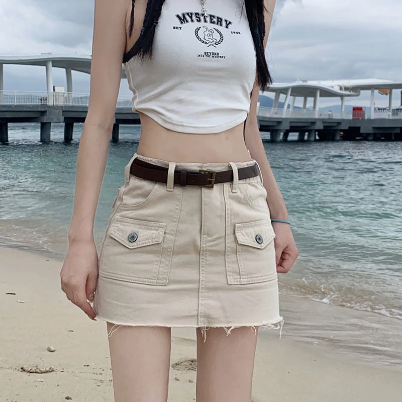 Women's American High Waist Apricot Short Skirt Summer New Street Style Hots Girl A-line Wrapped Hip Large Pocket Denim Skirt