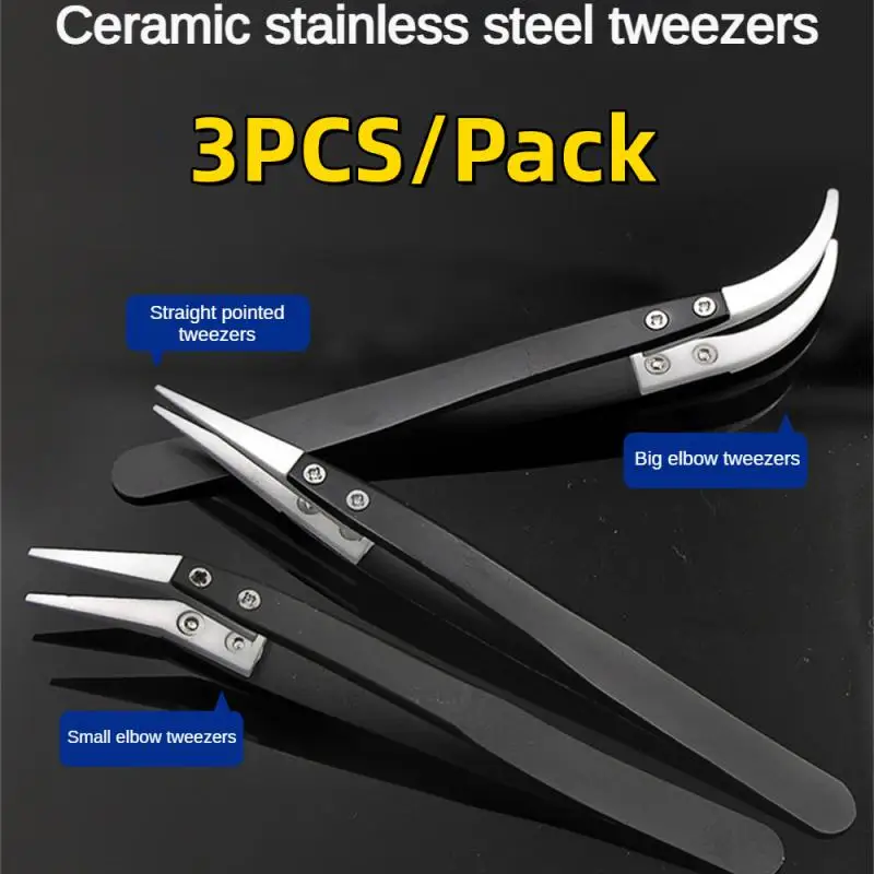 3PCS Stainless Steel Ceramic Tip Tweezers Antimagnetic High Temperature Resistant Non-Conductive Tip Hand Tool Tweezer Tool Ceramic Tweezers