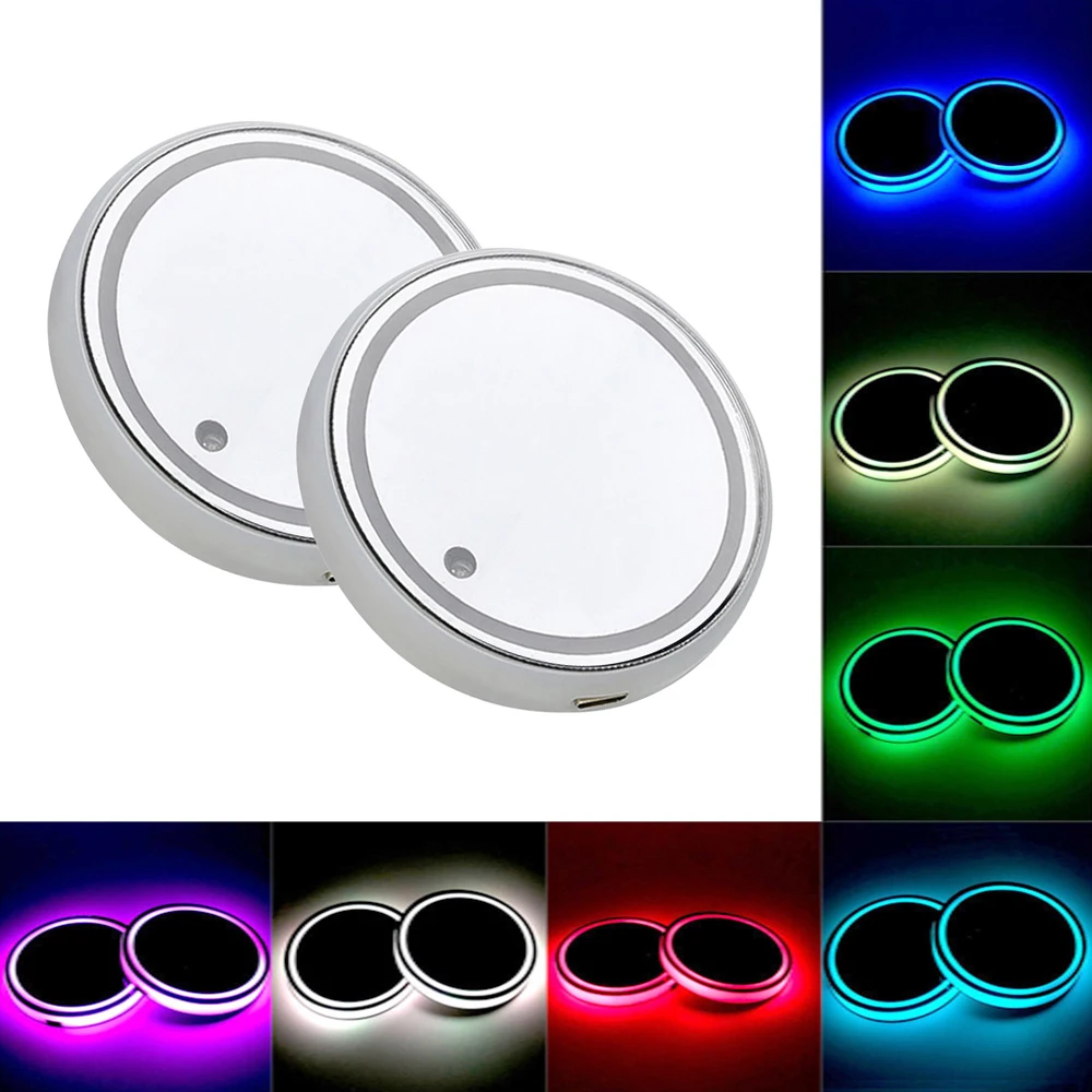 2Pcs Universal Led Car Cup Holder Bottom Pad LED Light Cover Trim Atmosphere Lamps Anti Slip Mats Colorful Coaster Retrofitting