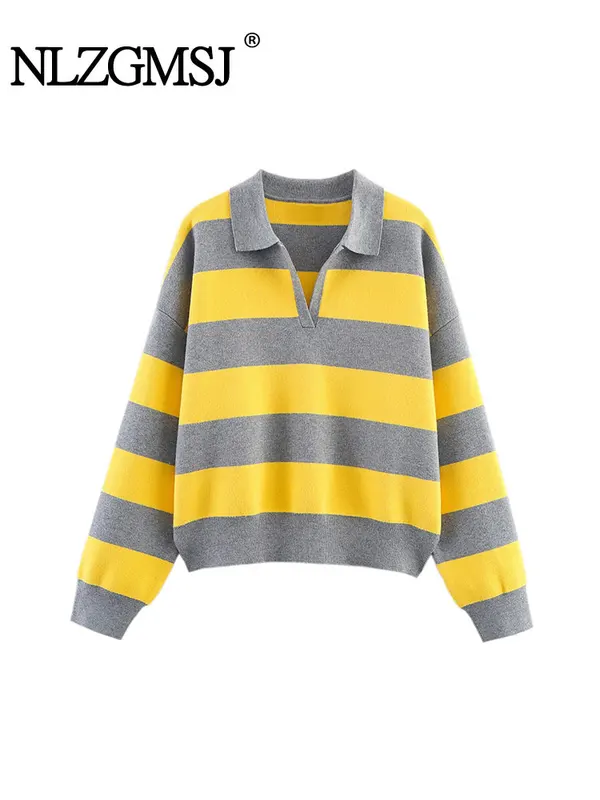 Nlzgmsj 2025  Autumn High Street Chic Women Striped Knitted  Sweaters Women Full Sleeve Vintage Style Tops