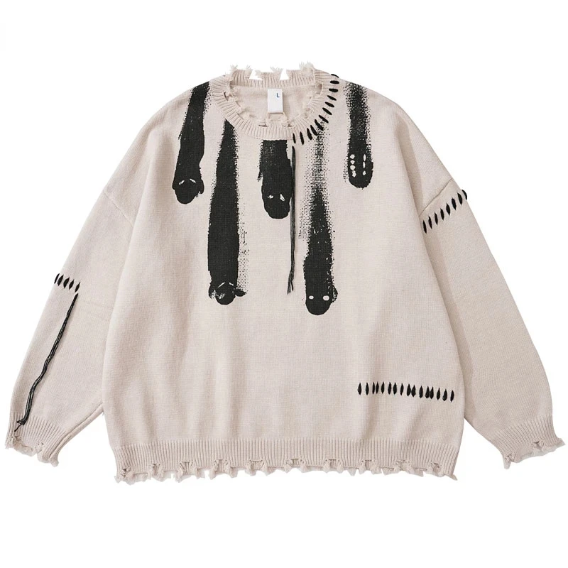 

Hip Hop Knitted Sweaters High Street Y2K Ripped Ghost Print Gothic Jumpers Autumn Punk Grunge Oversize Pullover Harajuku Sweater