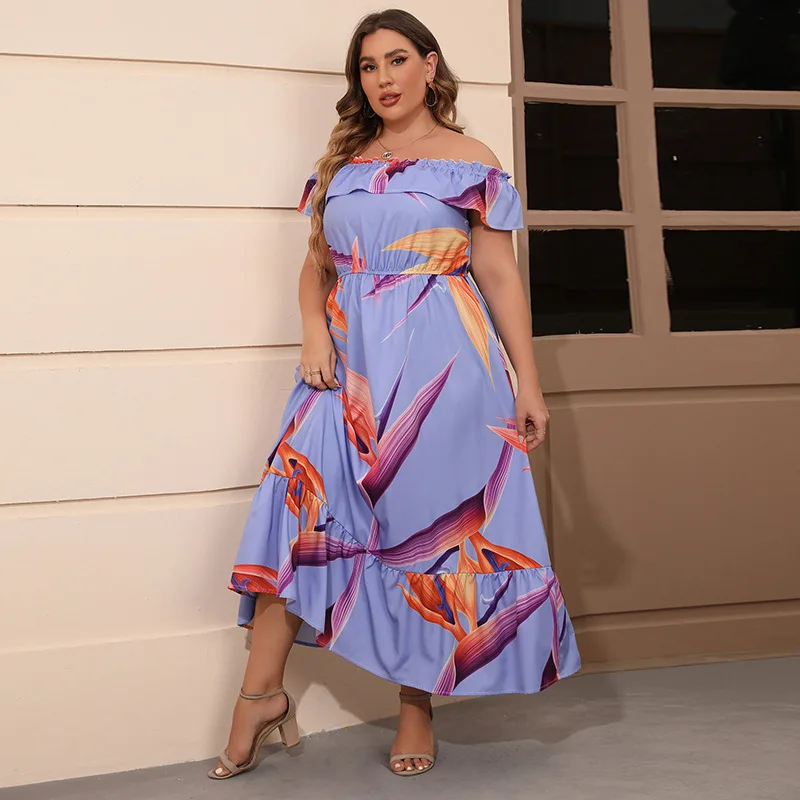

New One-line Shoulder Print Closed Waist Short Sleeve Purple Dress Female Flounces Fashion Casual Long Dress