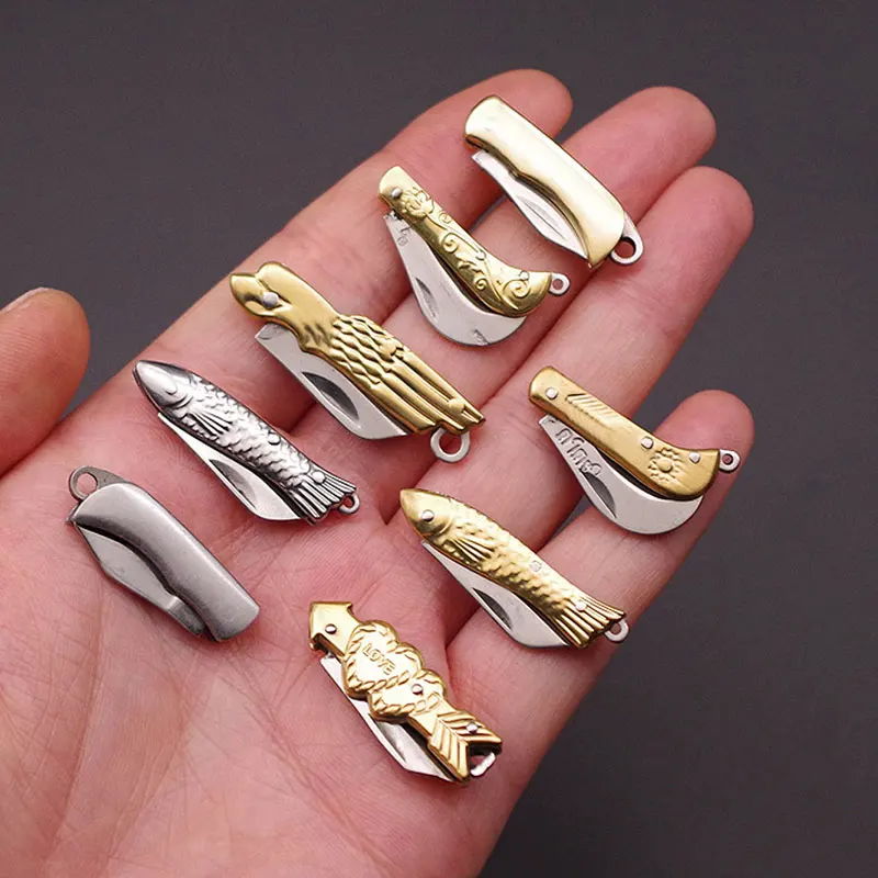 Mini Knife Folding Cleaver Blade Portable Pocket Fruit Cutter Brass Keychain Pendant Camping Defense Tactical Rescue Hunting |