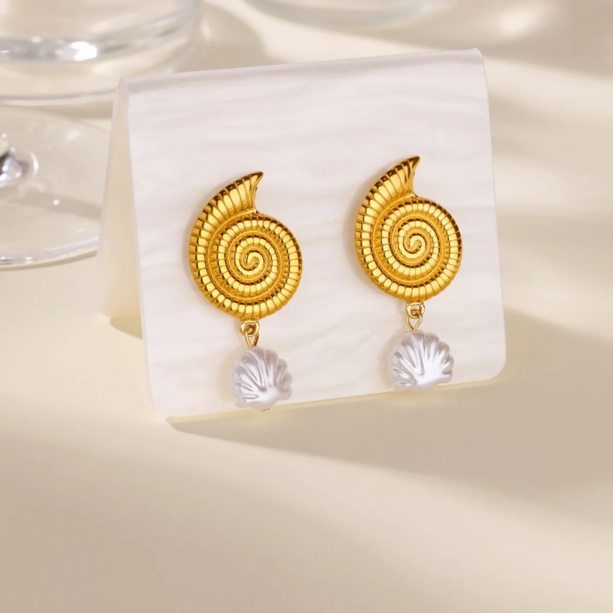 Starfish Conch Pearl Earrings Stainless Steel Gold Color Stud Earrings