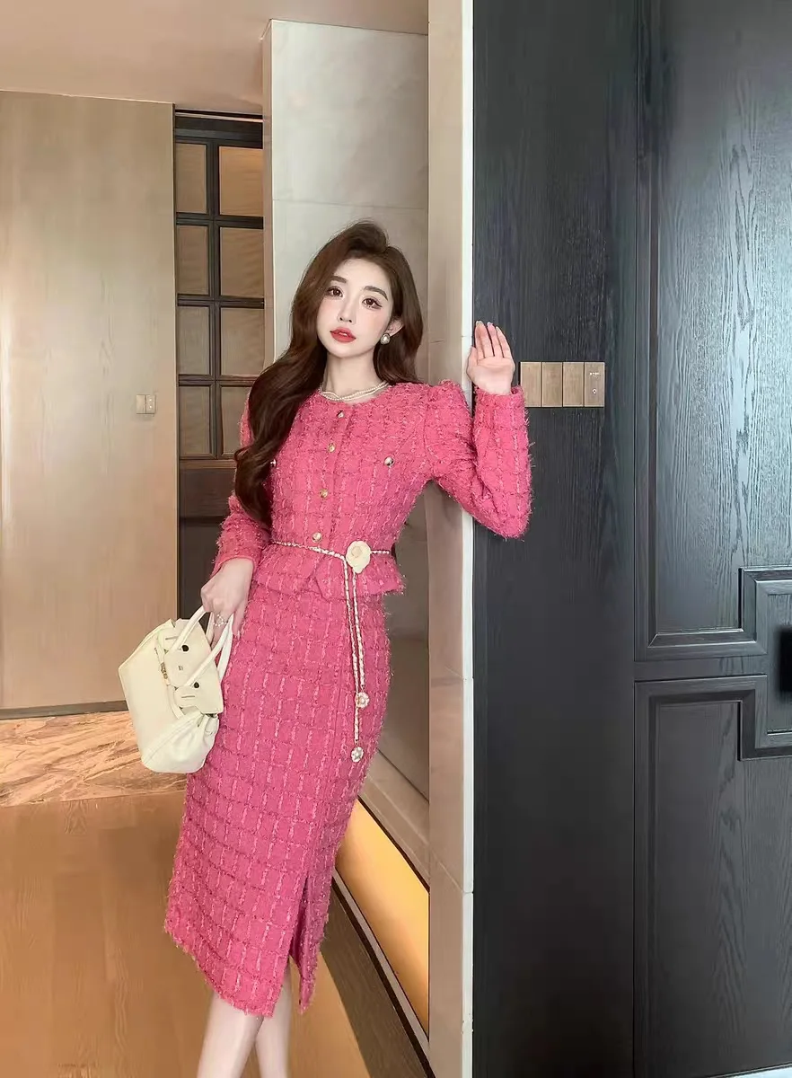 Two-Piece Set for Women Cropped Tweed Coat+Split Half Skirt Elegant Female Slim Fitting Suit Casual and Trendy Spring 3