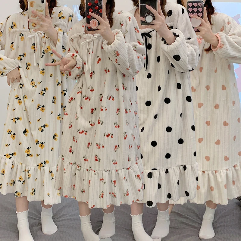 

2023 Winter Thick Warm Flannel Long Sleeve Nightgowns for Women Korean Cute Coral Velvet Sleepwear Night Dress Nightdress Nighty