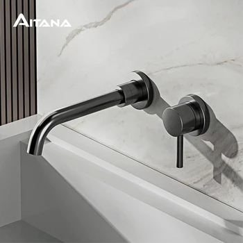 โมเดิร์นติดผนังสีดำทองเหลืองก๊อกน้ำในห้องน้ำพร้อมปกปิดการออกแบบ2-Hole เดี่ยวเย็นและ Hot Dual-ควบคุมอ่างล้างหน้า 1