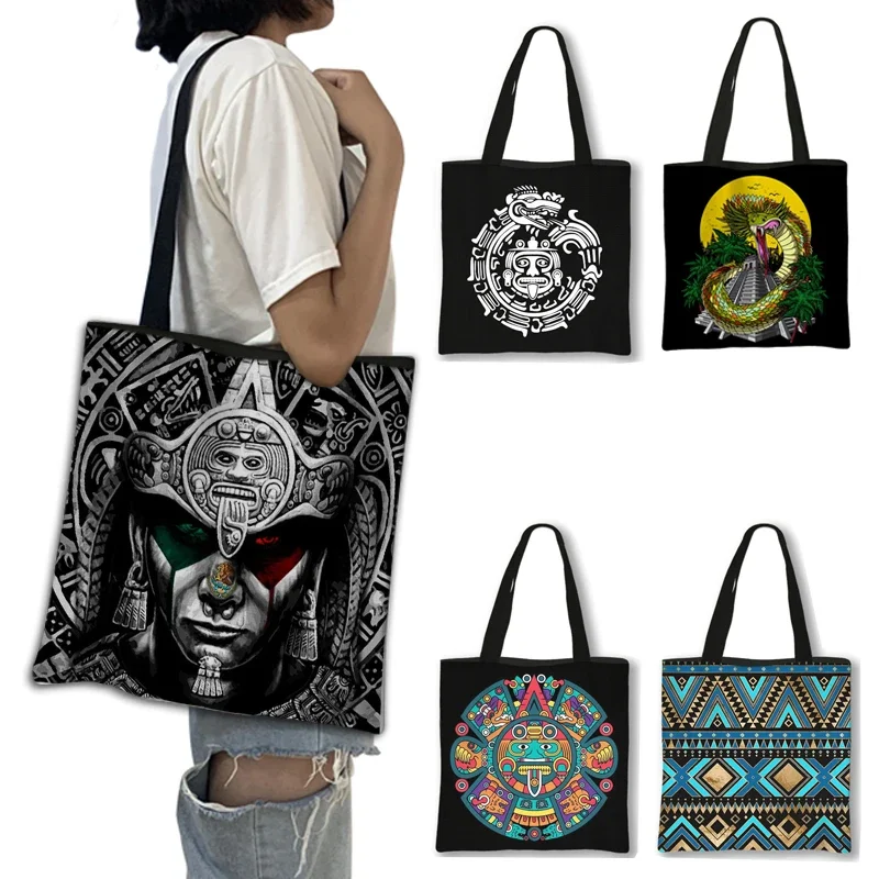 

Mexico Aztec Totes Bag Ladies Handbag Quetzalcoatl Women Leisure Shoulder Bag for Travel Large Capacity Canvas Shopping Bag