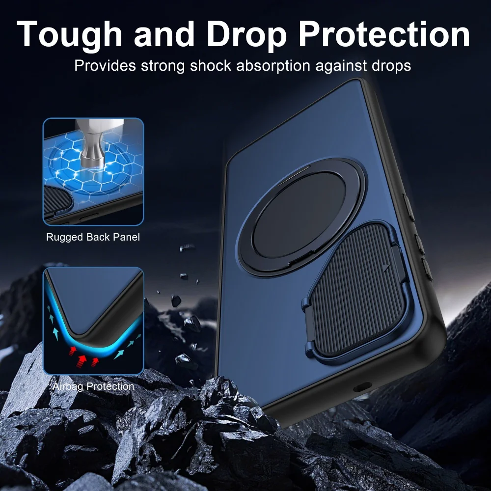Magnetic Ring Holder Stand Case with Matte Finish and Foldable Lens Cover