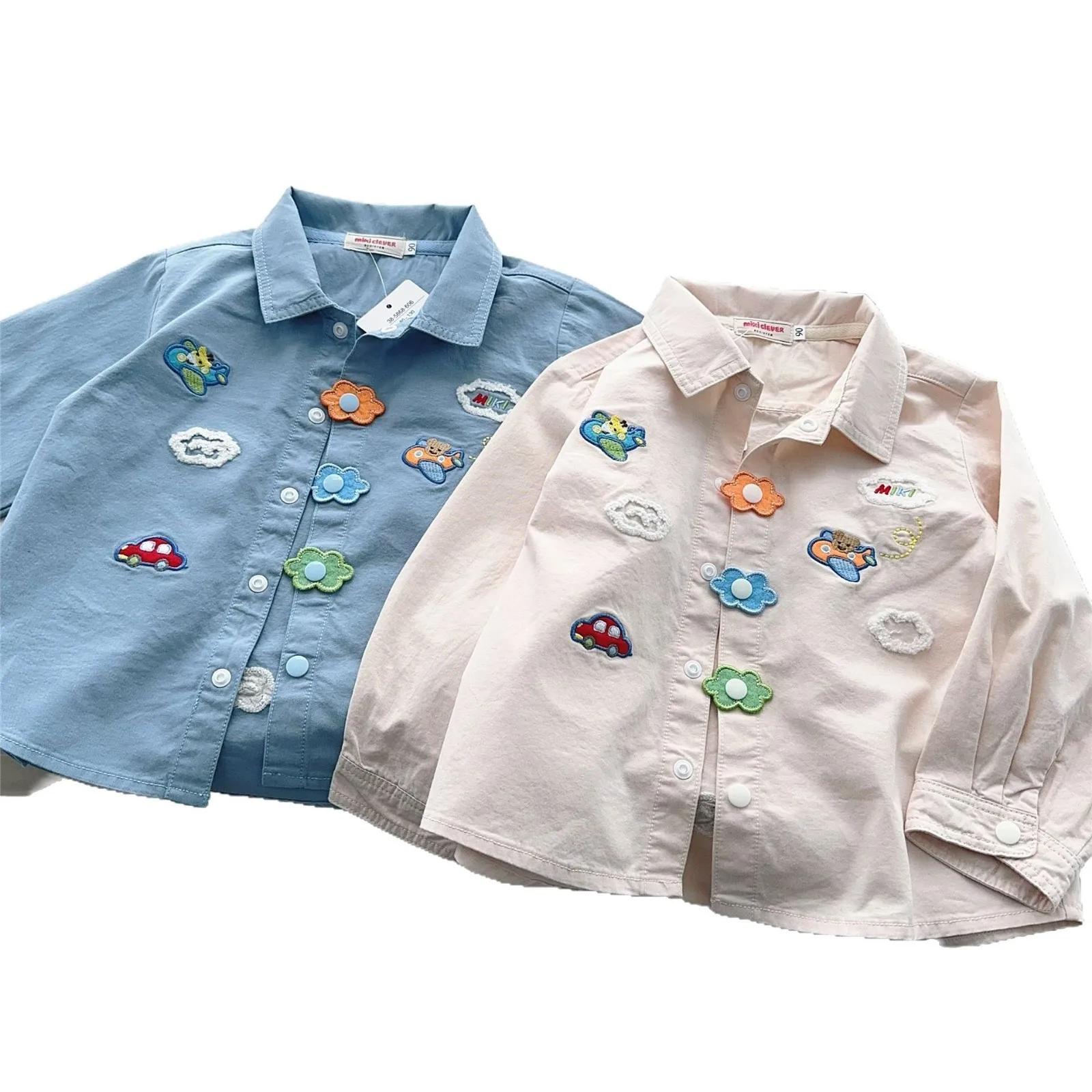 Japanese Children's Clothing 25 Spring New Item Men's And Women's Lapel Embroidery Loose Teddy Bear Flying Cartoon Shirt