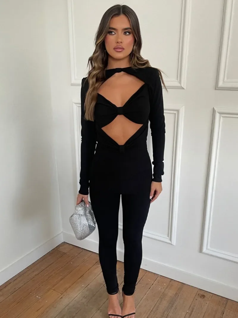 

Women's Elegant Long Sleeve Hollow Out Jumpsuits Streetwear Female Tie Knot Folds High Waist One Piece Party Bodysuits Black