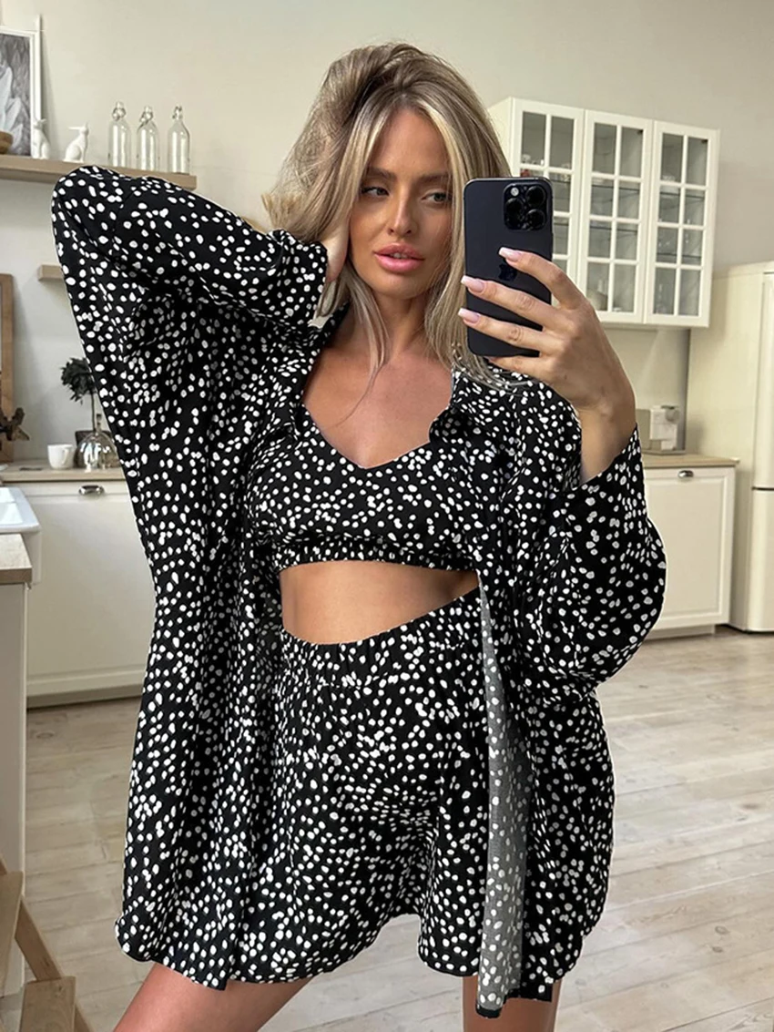 Mathaqiqi Printing Women Nightgowns 3 Piece Suit Turn-Down Collar Nightie Long Sleeve Pajama Tank Tops Pijama Shorts Pyjamas Set