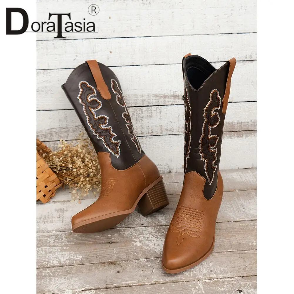 Brand New Ladies Mixed Colors Western Cowboy Boots Fashion Embroider Chunky Heels women's Boots Autumn Winter Woman Shoes