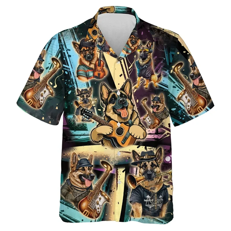 thumbnail image 1 of Camisas de playa con estampado 3D de perros y música, divertidas camisas de manga corta con un solo botón y gráfico de perro mascota para hombres, blusas con solapa, 1 of 5