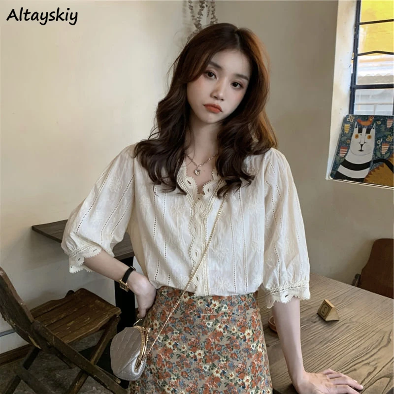 

Blouses Women Hollow Out Simple All-match Daily Elegant Classics Vintage Korean Style Popular Leisure Ladies Spring Personality