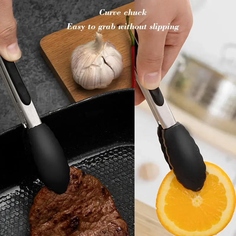 1 Pc Black Silicone Food Tongs Stainless Steel Food Tongs Outdoor BBQ Clamps For Camping Kitchen Tongs For Baking Steak food tongs