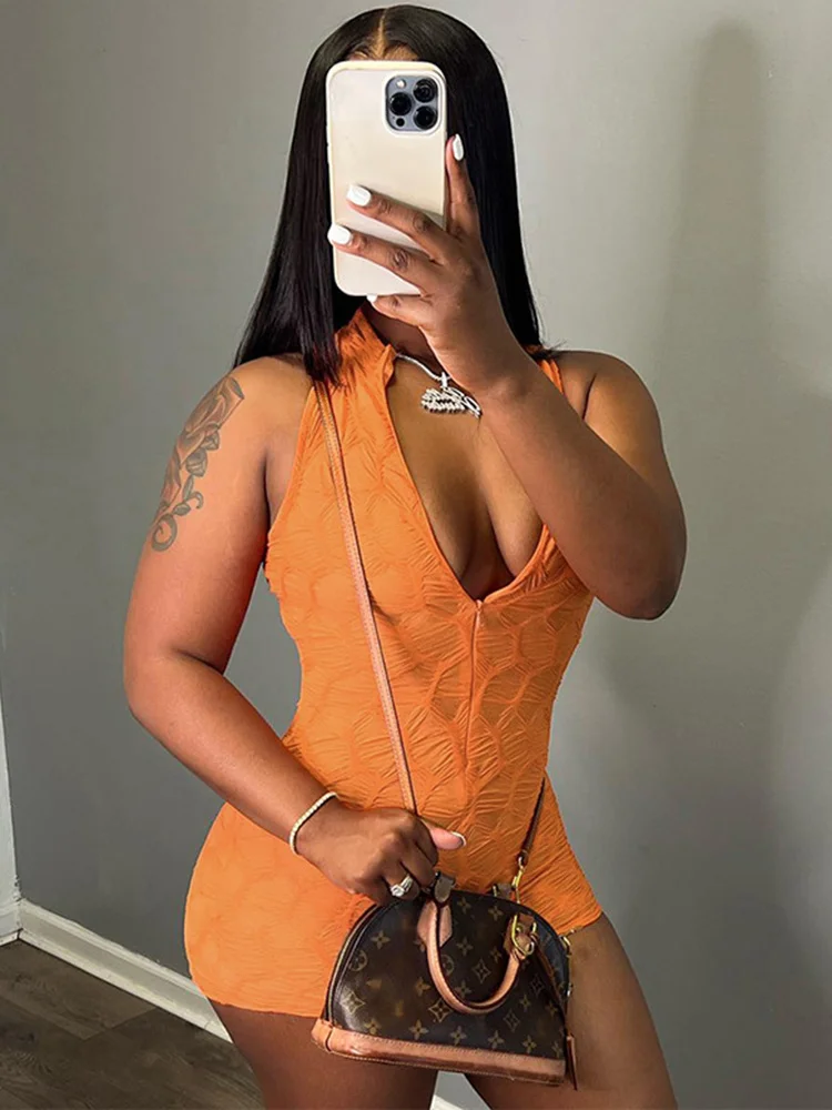 Sibybo Playsuit For Women Solid Color Jacquard Sleeveless Shorts Sexy Deep V Zipper Sports One-piece Shorts Summer Streetwear