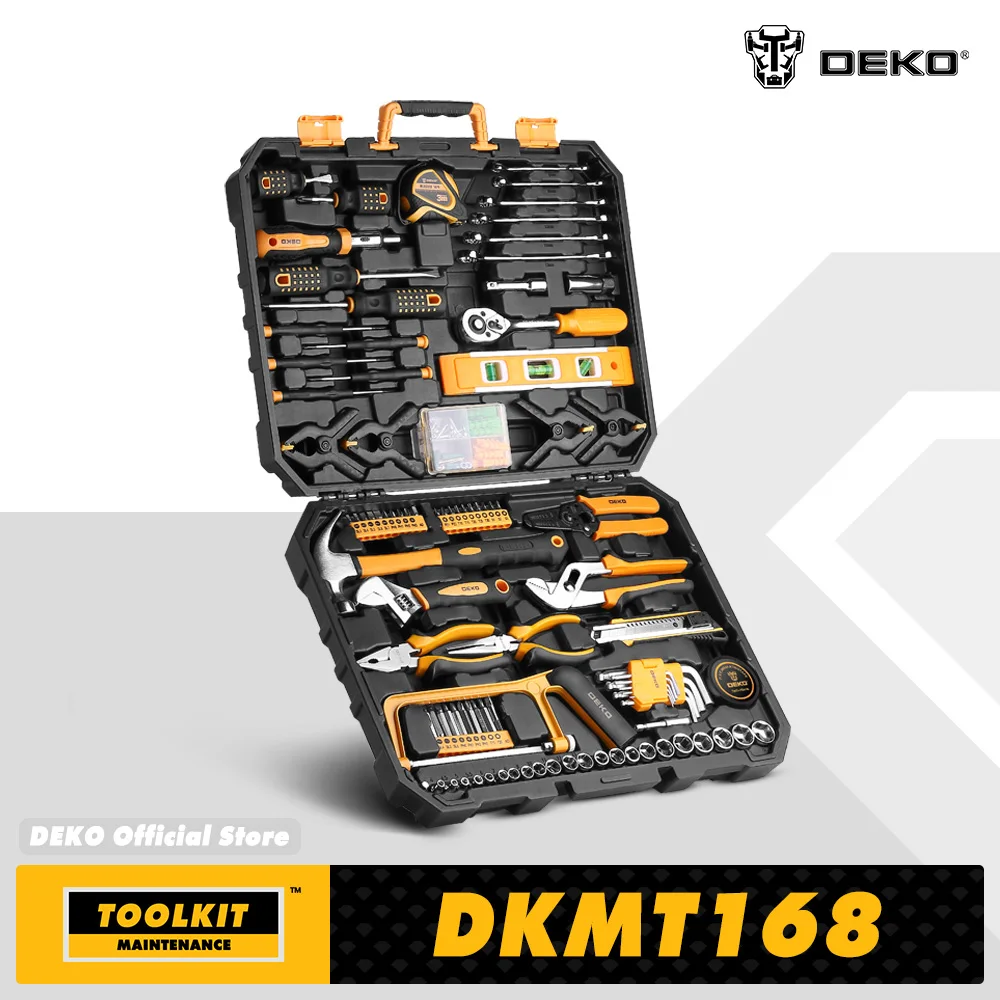 DEKO 168Pcs/208Pcs Hand Tool edc. Woodworking Multi Tools with Tool Box Include Socket Set Torque Wrench Hammer Knife