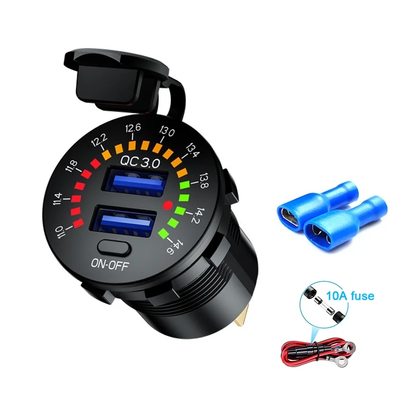 36W Dual USB Fast Charge Car Charger with LED Voltmeter and ON/OFF Switch
