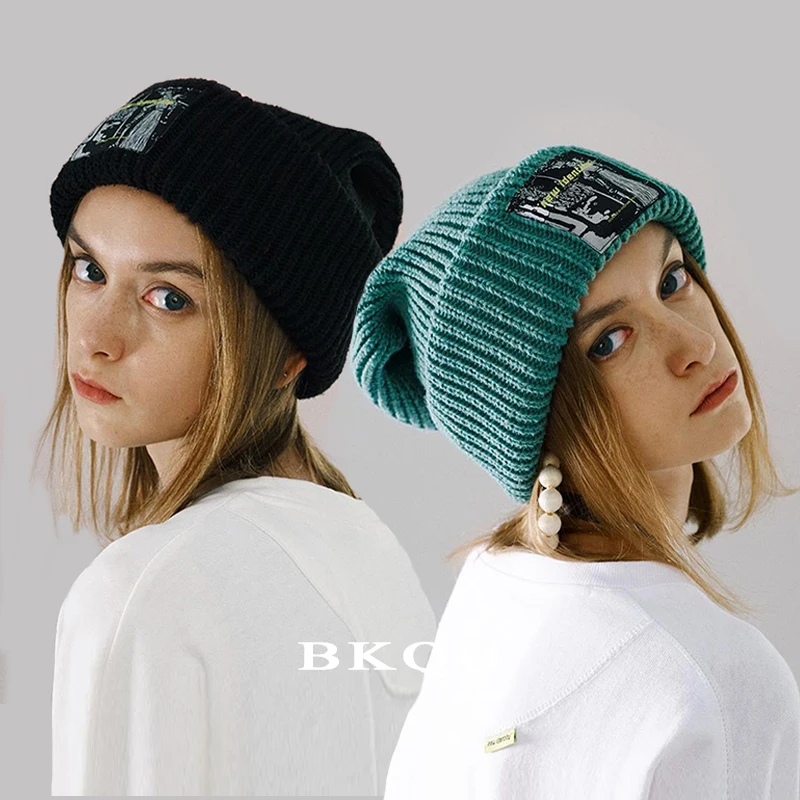 Oversized Hip Hop Fashion Hats 2022 Unisex Big Head Knitted Women's Beanie Men Personality Sashion Bonnet Cool Label Couple Cap fleece lined beanie