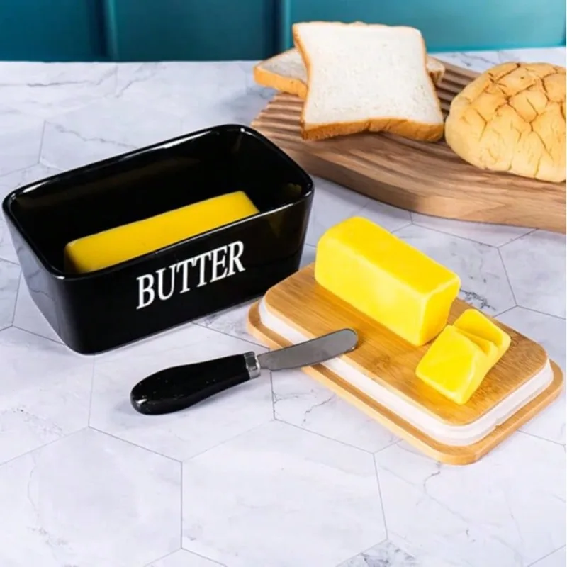 Ceramic Butter Cup with Lid and Knife Is Perfect for Cheese Yellow Oil Cans. Creative and Interesting Design Is Convenient