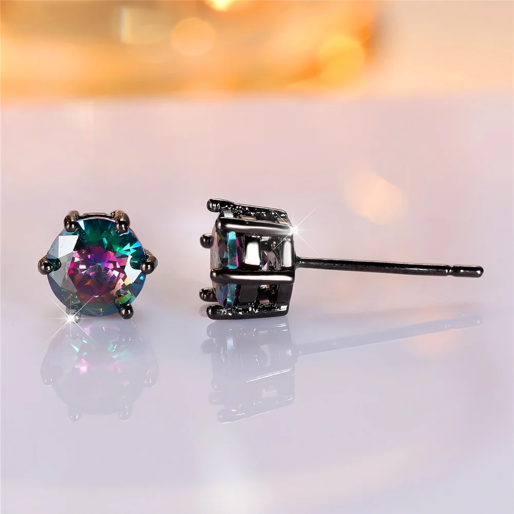 Cute Female Crystal Rainbow Zircon Stone Round Stud Earrings Black Gold Color Wedding Jewelry For Women