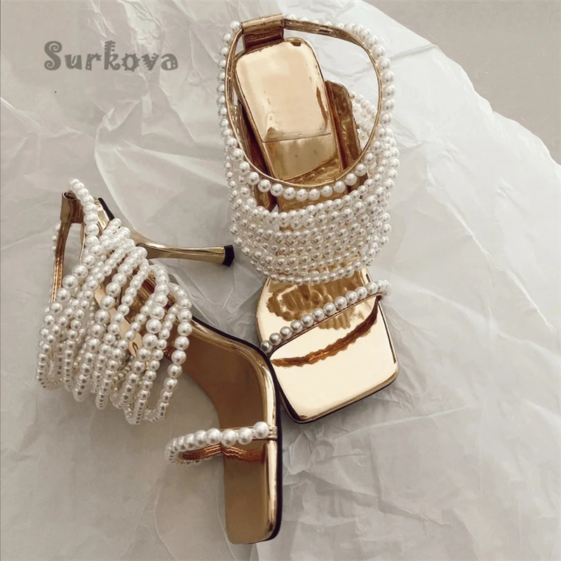 Spring Pearl String Bead Sandals Elegant Square Toe High Heels Shallow